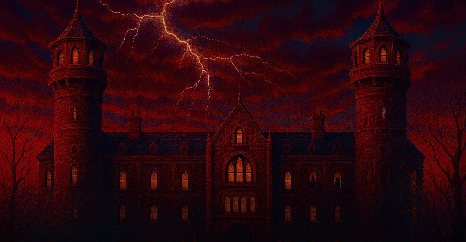 A red gothic asylum with twin towers under a lightning-streaked sky