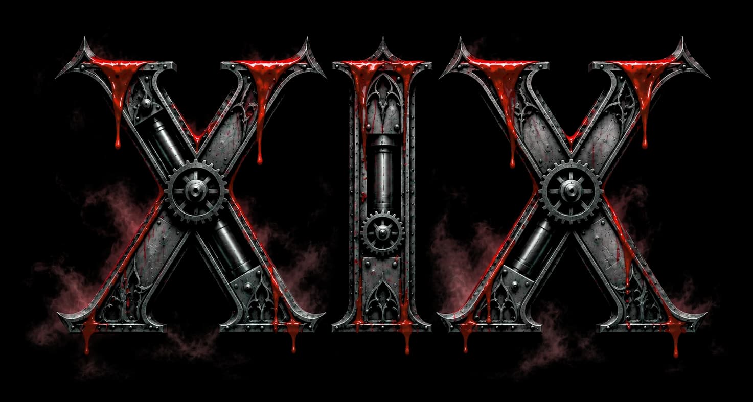 XIX in riveted chrome roman numerals, dripping with blood