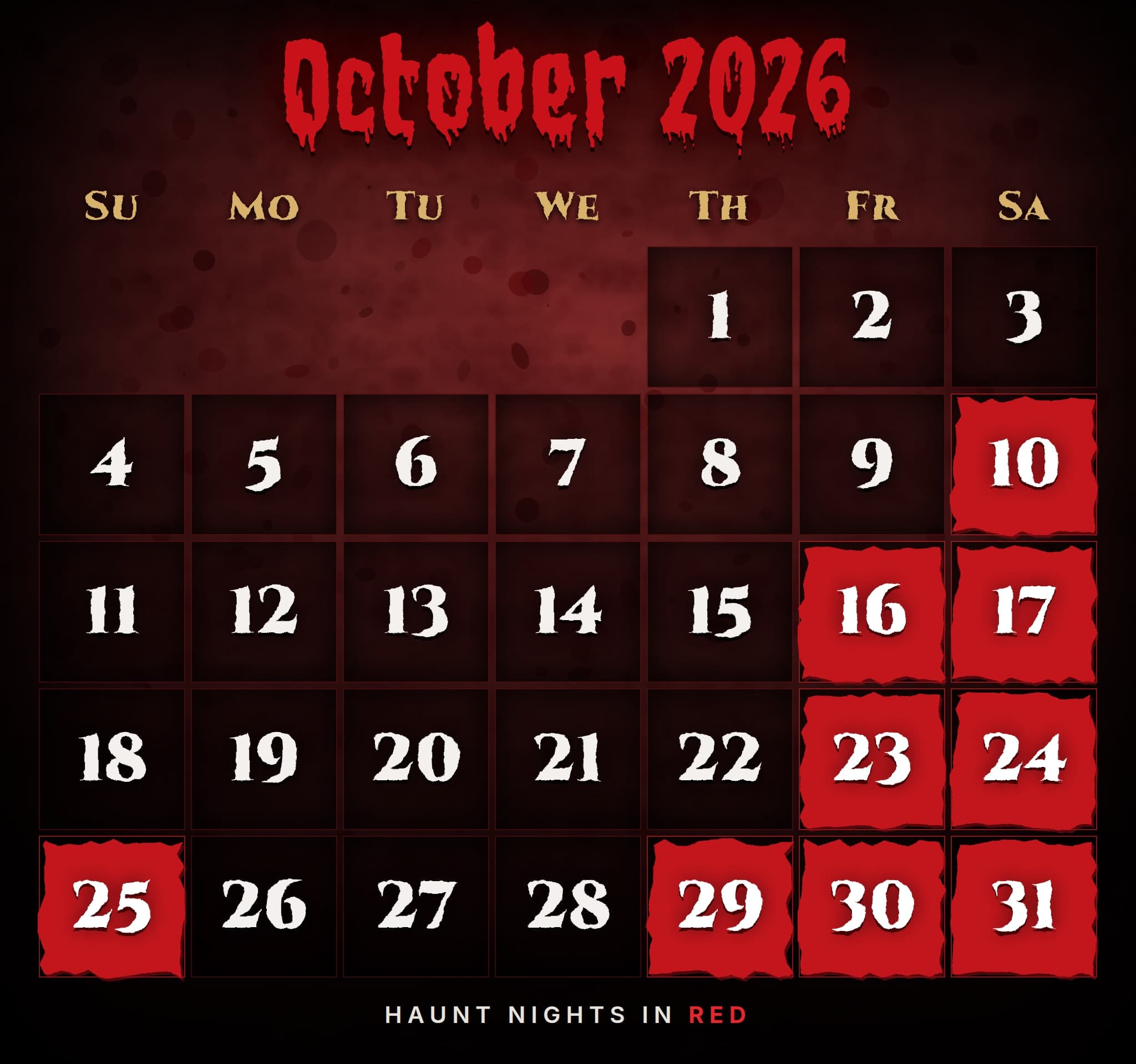 October 2026 calendar — haunt nights on the 10th, 16th, 17th, 23rd, 24th, 25th, 29th, 30th and 31st
